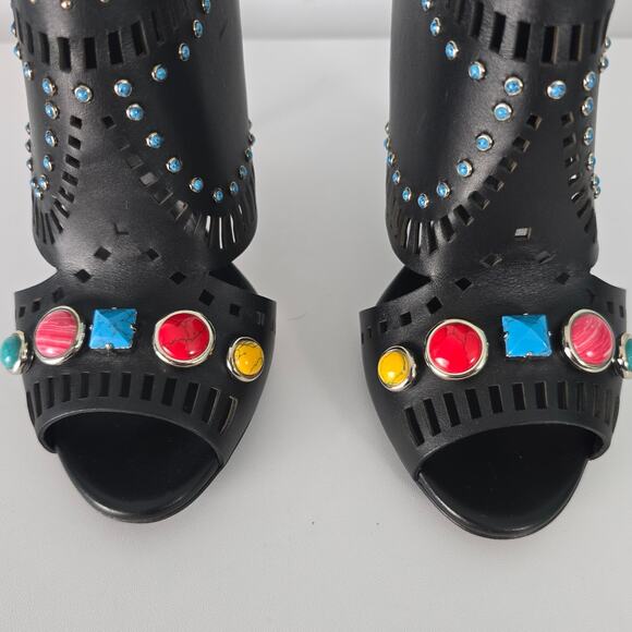 Gucci Lika Laser Cut Black Leather Jewel Studded Heeled Open Toe Booties 40 - Picture 15 of 15